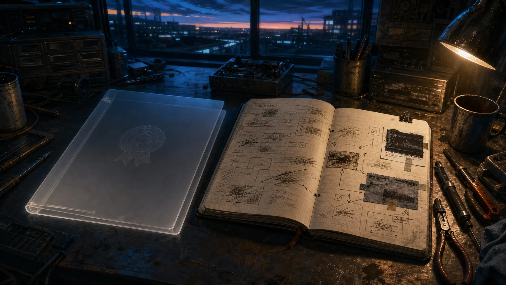AI 生成插画：空心透明的完美报告，对照一本写满涂改、贴着截图和待办的真实工程笔记