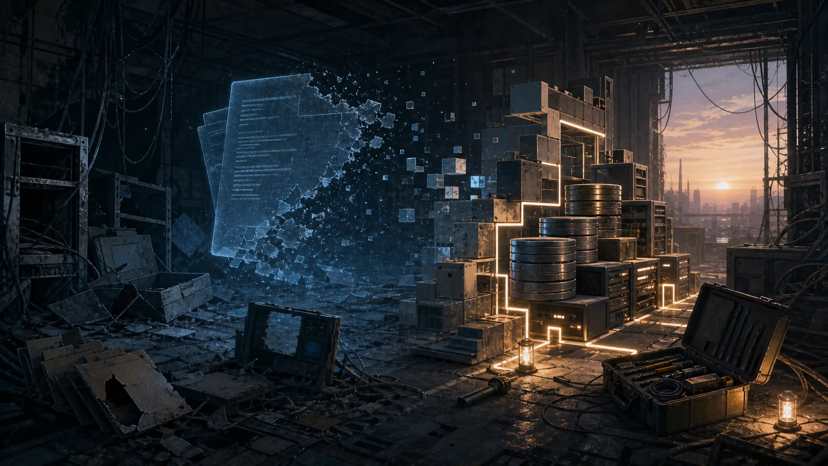 AI 生成插画：幽灵的虚假报告碎成光粒，真实的系统从废墟中亮灯站起来